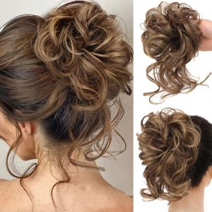 Grand Chignon, Chouchou Avec Cheveux, Postiche Boucl&eacute;e Avec Bande &Eacute;lastique, Pour Femmes Et Filles (M&eacute;lange De Marron Clair 12/24) - Neuf