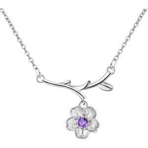 Kal-Collier De Fleurs De Cerisier, Collier Avec Pendentif Fleur De Cerisier, Chaîne Courte Avec Pendentif En Forme De Fleur De Sakura En Zircone Cubique Violet, Pour Femme - Neuf