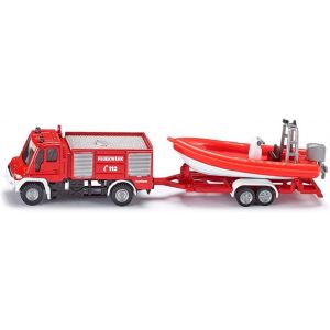 DDA-siku 1636, Unimog des pompiers avec bateau, 1:87, métal/plastique, rouge, camion de pompiers et bateau flottant, pneus en caoutchouc, attelage de remorque - Neuf