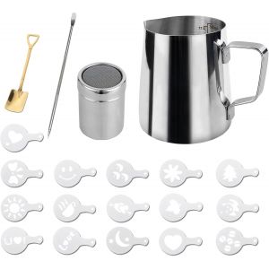 Kal-Pichet À Lait En Acier Inoxydable 350 Ml Avec Stylo Pour Latte Art, Cuillère À Dessert Carrée Dorée Et 16 Pochoirs À Café, Design Unique Et Bec Verseur Anti-Gouttes, Argenté - Neuf