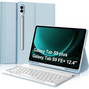 Samsung Galaxy Tab S9 FE Plus/S9 Plus 12.4 Inch 2023 Keyboard Case, French AZERTY Keyboard Case Removable Wireless Bluetooth Layout with Pencil Holder, Sky Blue - Neuf