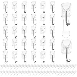 Crochet Adhésif,32 Petits Crochets Muraux Transparents avec 48 Bandes Adhésives,Crochets de Suspension Robustes,pour Accroche Salle de Bain,Cuisine,Plafond,Mural,Porte,Porte Serviette - Neuf