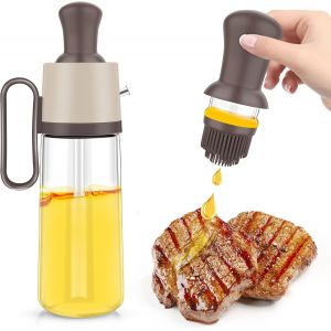 Bouteille d'huile avec brosse de nettoyage, distributeur d'huile avec brosse, bouteille d'huile avec brosse, bouteille avec brosse en silicone, pour vinaigre, barbecue, cuisine (550 ml) marron - Neuf