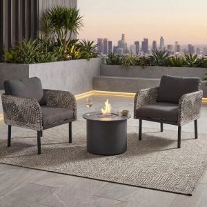 Ensemble En Polyrotin Hwc-P80, Salon De Jardin, Chaise, Chemin&eacute;e De Table Bioethanol-Fire-Pit Aluminium Tissu 220 G/M&sup2;Gris Fonc&eacute; - Neuf