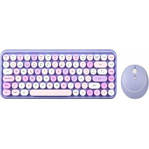 Perduo-713Pp Es Ensemble Souris Et Mini Clavier Sans Fil 2,4 Ghz, Touches Rondes Style Rétro, Pour Pc Et Tablette, Violet Pastel - Neuf