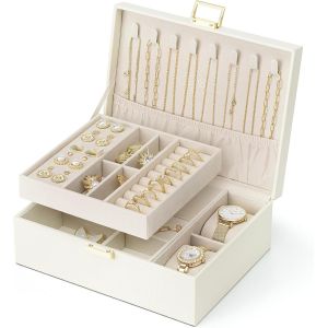 Boîte à bijoux en cuir à 2 niveaux pour femme et fille avec 2 coussins de montres,organisateur de bijoux,boîte à bijoux,idée cadeau,pour montres,bagues,boucles d'oreilles,colliers - Neuf