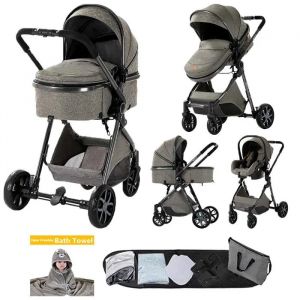 Poussette 3 En 1 Magic Zc Poussette Pousette Trio 3 En 1 Pousette Avec Grand Panier Avec Habillage Pluie Sac &Agrave; Main Gris Fonc&eacute; - Neuf