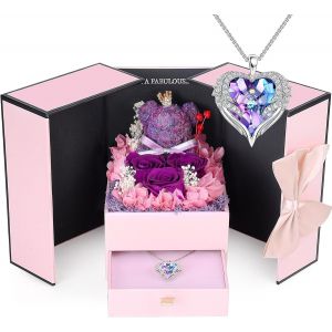 Cadeau Femme Rose &Eacute;ternelle Fleurs Ours Boite, Roses Pr&eacute;serv&eacute;es avec Collier, Ours en Rose Coffret Cadeaux pour la Fete des Meres Anniversaire Mariage Saint-Valentin - Neuf