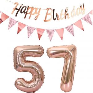 SJZG-Ballons 57E Anniversaire Deco Femme Or Rose+Guirlande Joyeux Anniversaire +Cha&icirc;ne De Fanions 40 "Chiffres Ballon 57 Ballons 57 Ans Deco Anniversaire Femme 57 Anniversaire Deco Or Rose(57) - Neuf