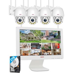Ensemble De Caméra De Surveillance Extérieure Wlan, Moniteur À Écran Tactile Nvr 4Ch 5Mp 7 Pouces Avec Caméra De Surveillance À Dôme Pivotant 2 X 3Mp 355° Avec Lumière Led, Carte Sd 32 Go - Neuf