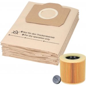 I 10 sacs et 1 filtre compatibles pour aspirateur Kärcher WD3 et MV3. Alternatives pour les sacs filtrants 6.959-130.0 et le filtre à cartouche 6.414-552.0. - Neuf