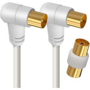 C&acirc;ble TV Antenne 9.52mm, Coud&eacute; 2 M&egrave;tres, Connecteurs Gold M&acirc;le/M&acirc;le, Cordon Coaxial 90&deg; Blanc avec Adaptateur Femelle/Femelle Inclus, Compatible TV D&eacute;codeur TNT Fiche Murale 9.52mm, 408018 - Neuf