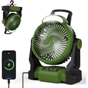 Ventilateur Camping, Ventilateur Portable Rechargeable 15000mAh, Ventilateur Puissant avec Lumière LED et Crochet, Timer, 3 Vitesse Ventilateur de Bureau pour Exterieur Maison Camping Car - Neuf