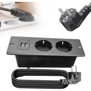 SEPT-Prise Encastrable Plan de Travail, Prise Encastrable de Table avec 2 USB, Prise USB Encastrable, Bloc Prise Encastrable, Prise Plan de Travail, Multiprise pour Meuble ou Plan de Travail (Noir) - Neuf