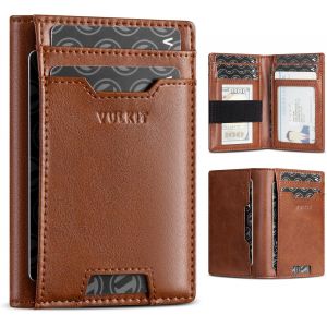 RFID Blocking Credit Card Holder, Slim Leather Wallet with Front Pocket for Men, Card Holder with Band for Money, Palm Size Wallet, Brown, Minimalist - Neuf