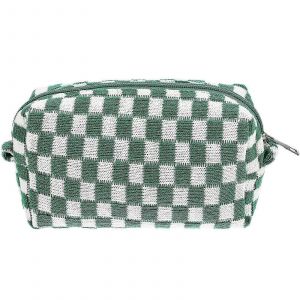 Trousse de maquillage en fil de laine Sac &agrave; cosm&eacute;tiques Trousse de toilette de voyage &agrave; carreaux de grande capacit&eacute; - Neuf
