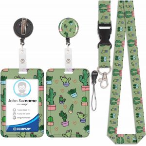 Porte-cartes en forme de cactus, badge d'identification, lani&egrave;re d&eacute;tachable avec clip r&eacute;tractable pour porte-cl&eacute;s, cartes de visite, cartes de porte, cartes d'identit&eacute; - Neuf