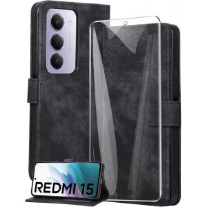 KALANKA-Coque pour Xiaomi Redmi 15 4G avec Verre Tremp&eacute;,Housse en Cuir PU Porte Carte Portefeuille, Etui de Protection &agrave; Rabat Magn&eacute;tique,Pochette Fermeture Anti-Choc - Noir - Neuf
