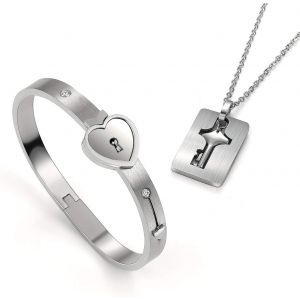 Kal-2 Pièces Bracelet Jonc Avec Serrure Et Pendentif Chaîne Clé Ensemble Kit, Bracelets Cadenas Et Cles Acier Inoxydable,Bijoux Femmes Hommes Collier Pour Couple Amoureux Paare Partenaire Amitié Cade - Neuf