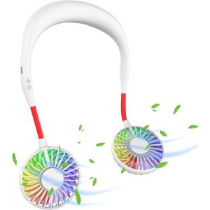 UUQ-Ventilateur de cou, ventilateur USB, silencieux, 3 vitesses, lumière LED, ventilateur portable pour l'extérieur, l'intérieur, le camping, les voyages, le sport, blanc et rouge - Neuf