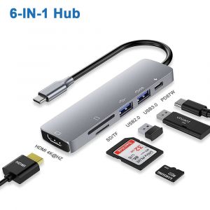 6 en 1 (HDMI.Carte) - Adaptateur Hub USB C avec HDMI 4K 100W PD USB C 3 USB A TF/SD 3.5mm Audio Thunderbolt 3 USBC pour iPad Pro MacBook Air/Pro,XPS - Neuf