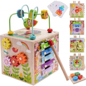 JGD-Jouet Cube D'activit&eacute; B&eacute;b&eacute; 1 an, Jouet Enfant 2 3 Ans Gar&ccedil;on Fille, Jeux Montessori Jouet en Bois D'&eacute;veil, Jouer Enfants Cadeaux Noel (Rose) - Neuf