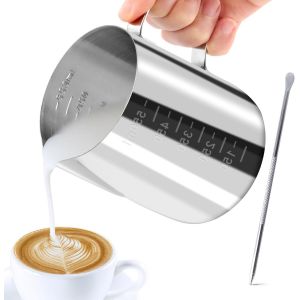 Kal-Pot À Lait 304 Acier Inoxydable, Pichet Lait Inox Avec Marque De Mesure, Latte Art Pen, Pichet À Lait Gravure Gradué À L'intérieur Pour Faire Mousse Le Lait, Des Capuccinos, Des Jus (600ml) - Neuf