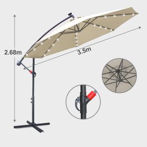 Parasol Solaire Led 3,5 M, Grand Parasol &Eacute;clairant Pour Jardin, Protection Uv 50+, Toile Imperm&eacute;able Et Structure Stable Beige - Neuf