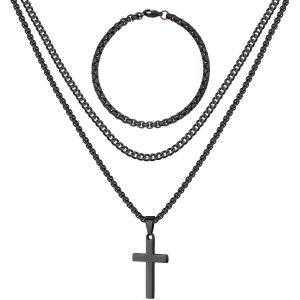 Kal-Collier Croix Homme,Acier Inoxydable Jeu De Bracelet Gourmette,Colliers Superposés,Chaîne Cubaine Boîte À Chaînes,Cadeau Pour Homme Papa Petit Ami - Neuf