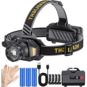 Lampe Frontale Led Rechargeable Super Lumineuse 250 000 Lumens Zoomable 3 Sources De Lumière (Source De Lumière Blanche/Jaune/Rouge) Torch Avec 12 Modes, Étanche Ip67, Capteur Réglable À 90° Pour - Neuf