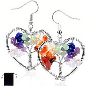 Kal-Bijoux Femme Plaqué Or 18k/Or Blanc Boucle D'oreille/Collier/Parure Pendentif Ronde/Coeur Arbre De Vie Avec Cristaux Chakra À 7 Couleurs Bijoux Relligieux - Neuf