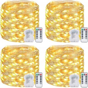 Guirlande Led &Agrave; Pile&iquest;Lot De 4&iquest; 12m 120led Guirlande Lumineuse A Pile Avec T&eacute;l&eacute;commande, &Eacute;tanche Guirlande Lumineuse Pour D&eacute;cor No&euml;l Mariage Anniversaire F&ecirc;te Chambre Jardin Blanc Chaud - Neuf