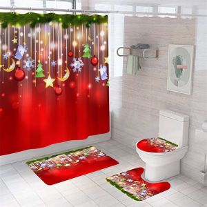 4PCS Joyeux No&euml;l Rideau de Douche Sets de, de No&euml;l Rideau de Douche Fixe avec des Tapis, des Toilettes d'un Couvercle et de Tapis de Bain pour salle de Bain Jeu de D&eacute;coration de No&euml;l, D&eacute;coration sal - Neuf