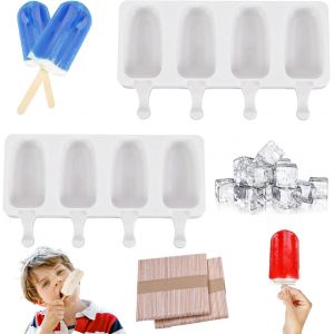 Eryi-Moule Glace,Lot De 2 Moule À Crème Glacée En Silicone À 4 Cavités,Moule À Glace En Silicone Réutilisables,Avec 100 Bâtonnets En Bois, Pour Maison Dessert, Jus De Fruits, Yoghurt, Crème Glacée - Neuf