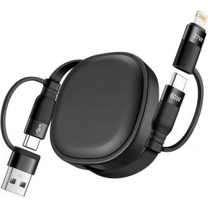 Meimie-5 En 1 Câble De Charge Rétractable,60w Cable Charge Multiple Rapide,Câble Chargeur Multi Embout Rétractable,Usb-C/A To Lightning/Usb C Cable Multi Chargeur For Ip,Ipad,Galaxy,Ps4/5,Tablets - Neuf