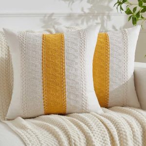 Cauc-Housse Coussin 40x40 Jaune Boh&egrave;me Macram&eacute; Coton Lin Automne Housses De Coussin D&eacute;coratif Boho Style De Luxe Taie Oreiller D&eacute;coration Maison Salon Chambre Pour Canap&eacute; Lot De 2 - Neuf