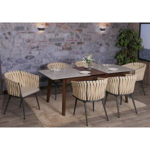 Lot de 6 chaises de salle &agrave; manger en aluminium HWC-N38, chaise d'int&eacute;rieur avec accoudoirs, corde tress&eacute;e en ol&eacute;finecr&egrave;me Coussin marron clair - Neuf