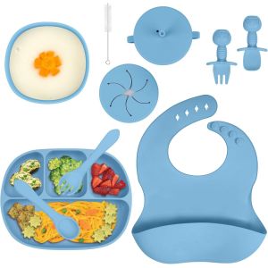 Kal-Assiette Bébé, Assiette En Silicone Pour Bébé,Lot De 9, Coffrets Repas Bebe Silicone, Enfant Set Couverts Vaisselle Pour Sevrage Manger Apprentissage Ventouse Pour Bébé(Bleu) - Neuf