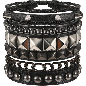 Kal-4 Pi&egrave;ces Bracelet Gothique En Cuir Noir Stud Bracelet Hommes Femmes Bracelet Bijoux Punk Halloween Bracelet Ann&eacute;es 80 Bracelet M&eacute;tal Stud Accessoire Pour Halloween Party Cosplay - Neuf