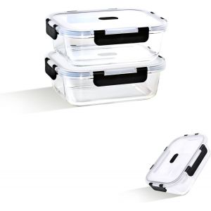 MEVRONISSHOP-Lot de 2 bo&icirc;tes de conservation en verre avec couvercle, r&eacute;utilisables, herm&eacute;tiques, anti-fuite, pour cuisine et restaurant, 1040 ml, sans BPA - Neuf