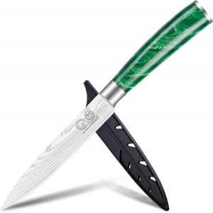 Oayew-Professional Kitchen Knife,5 Inch Japanese Utility Knife With Sleeve,Stainless Steel Laser Damascus Pattern,Resin Handle,Steak Knife Kitchen Cutlery,Meat Cleaver, - Neuf