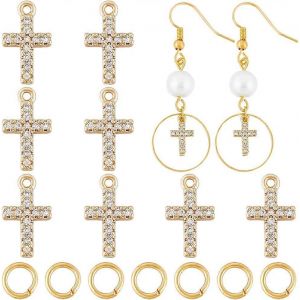 14 Breloques En Zircon Cubique, Plaquées Or 18 Carats, Avec Apprêts En Laiton. Croix Transparente Et 14 Anneaux Ouverts En Laiton, Plaqués Or 18 Carats. Trou De 11 X 6,5 X 2 Mm. - Neuf