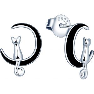 Chat Sur La Lune Boucle D'oreille Clous En Argent 925, Animal Mignon Boucles D'oreilles Hypoallergéniques Pour Femmes, Filles[Bou9242258] - Neuf
