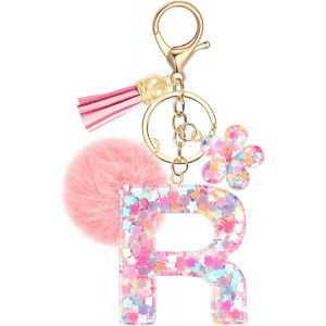 Kalanka-Jsqrt Porte-Cl&eacute;s Mignon Avec Initiale Rose Pour Femmes Filles, Nom Porte-Cl&eacute;s En R&eacute;sine Lettres Alphabet Pompons Pendentifs Bijou De Sac Keychain - Neuf