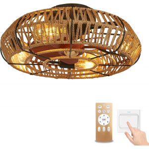 Lustre Ventilateur De Plafond Avec Telecommande Vintage,Rustic Ventilateur Plafond Avec Lumiere E27 Socket,Silencieux Moteur Dc,Fonction Et&eacute; Hiver,6 Vitesses,Cordon Chanvre Style Boh&eacute;mien - Neuf