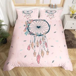 Sjzg-Ensemble De Housse De Couette Filles Rose 3 Pièces 200 X 200 Cm Housse De Couette Attrape-Rêves Enfants Femmes Bohème Fleurs Feuilles Ensemble De Literie Boho Plume Housse De Couette Ensemble - Neuf