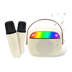 Machine de karaok&eacute; portable avec Bluetooth et 2 microphones sans fil - Beige - Neuf