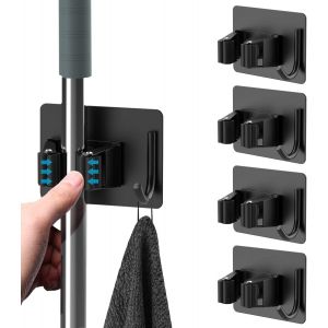 4 Pièces Porte Balai, Auto Adhésif Accroche Balai Mural sans Perçage, Mop Support avec Crochets pour Cuisine Salle de Bain Jardin, Noir - Neuf
