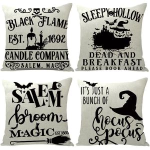 Lot de 4 housses de coussin imprimées motif citrouille et sorcière pour Halloween, 45 x 45 cm (B) - Neuf
