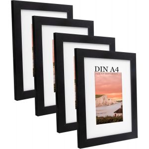 Fchhk-Lot De 4 Cadres Photo A4 Noirs, 21 X 29,7 Cm, Avec Passe-Partout, Pour Montage Mural, Verticaux Ou Horizontaux, Noirs, Avec Verre En Plastique - Neuf